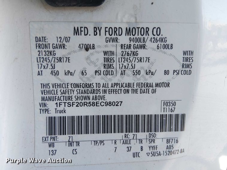 image for item EC1285 2008 Ford F250 Super Duty utility bed pickup truck