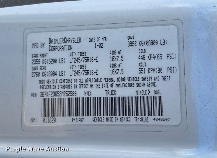 image for item ED1559 2002 Dodge Ram 2500 Quad Cab pickup truck