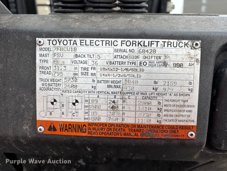 image for item EJ7702 Toyota 7FBCU18 forklift