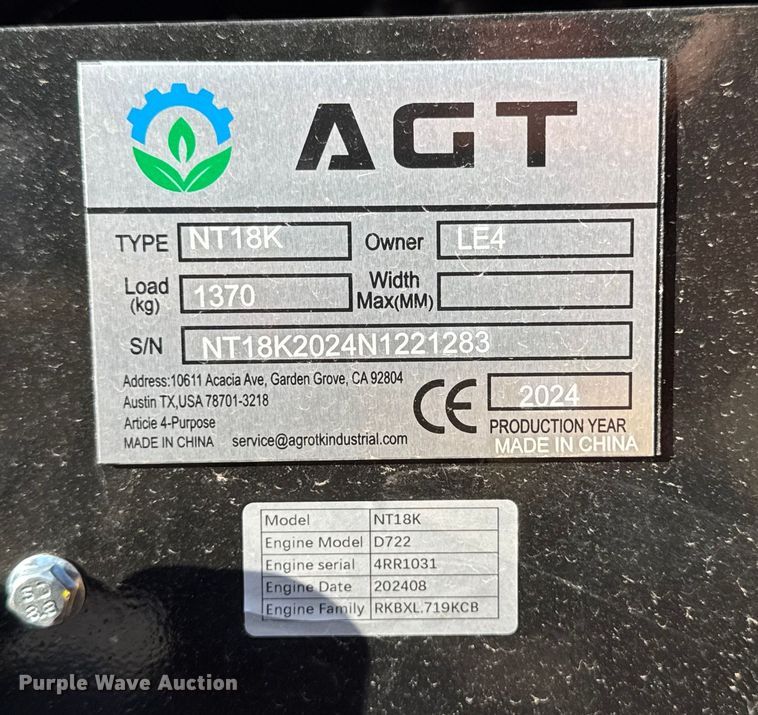 image for item EM2492 2024 AGT NT18K mini excavator