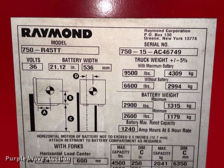 image for item EM6157 Raymond 750-R45TT forklift