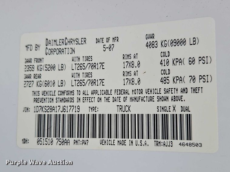 image for item EO4746 2007 Dodge Ram 2500 Quad Cab pickup truck