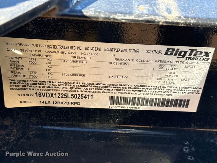 image for item EP0825 2020 Big Tex 14LX-12BK7SIRPD dump trailer