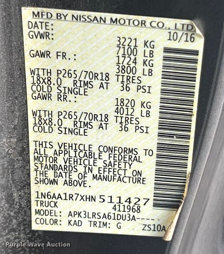 image for item ET6568 2017 Nissan Titan pickup truck