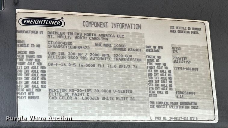 image for item ET6645 2014 Freightliner 108SD refuse truck