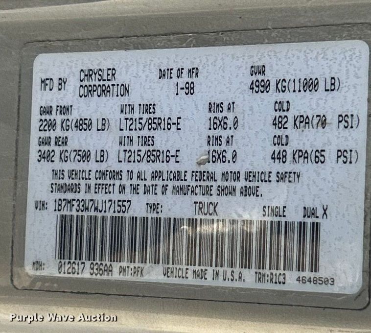 image for item ET6658 1998 Dodge Ram 3500 Quad Cab pickup truck