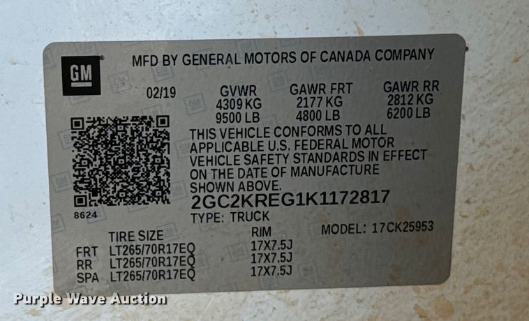 image for item EU5335 2019 Chevrolet Silverado 2500HD Double Cab pickup truck