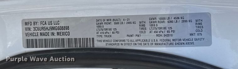 image for item EU5337 2021 RAM 2500 Crew Cab pickup truck