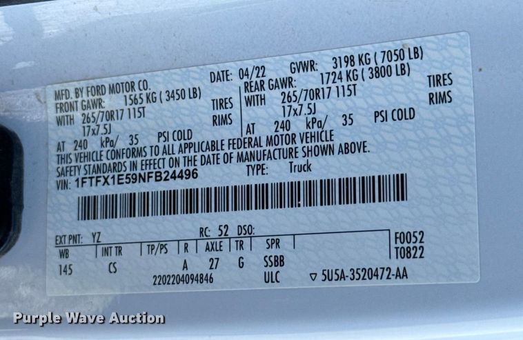 image for item EU5339 2022 Ford F150 SuperCab pickup truck