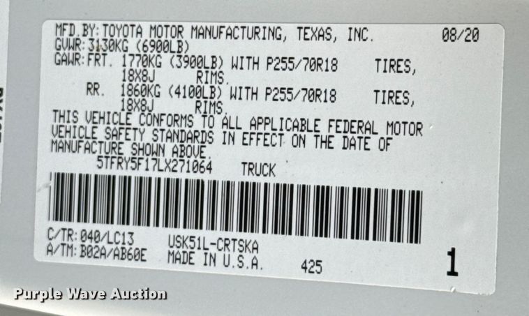 image for item EU5344 2020 Toyota Tundra Double Cab pickup truck