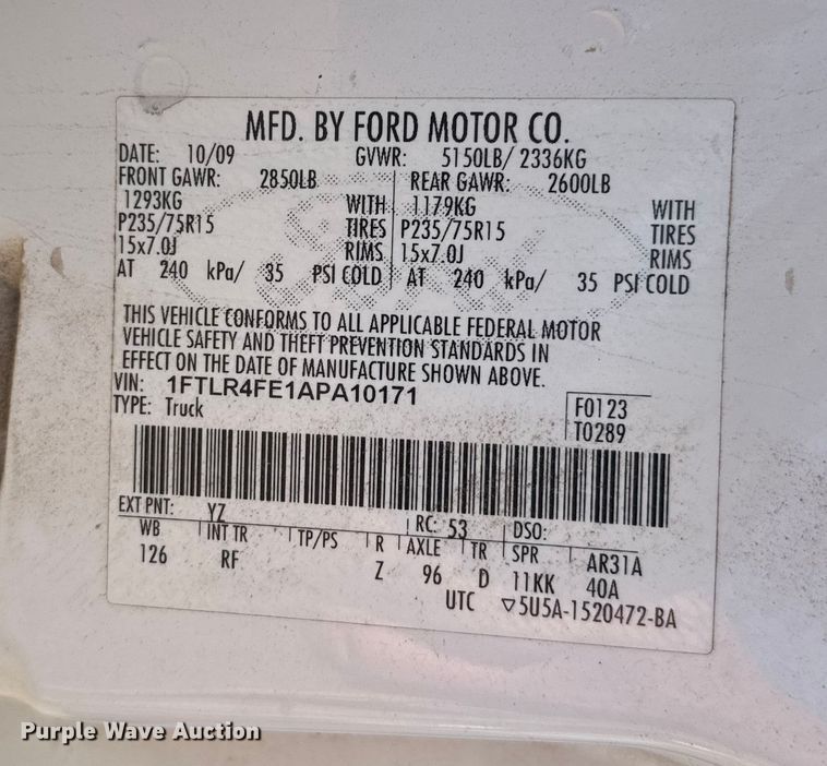 image for item EU6223 2010 Ford Ranger XLT SuperCab pickup truck