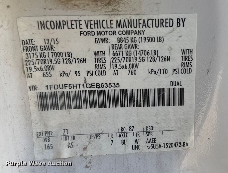 image for item EU6224 2016 Ford F550 Super Duty XL bucket truck