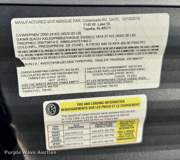 image for item EU6293 2017 Crossroads RV 18BH camper