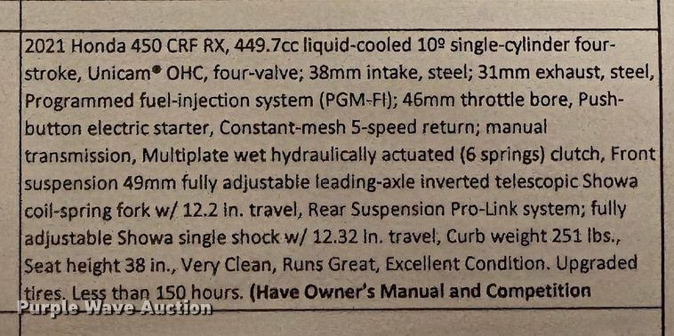 image for item EV2518 2021 Honda CRF 450RX dirt bike