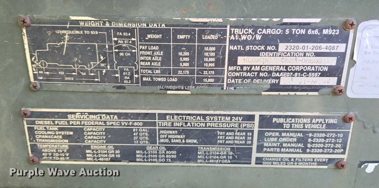 image for item EV2535 1986 AM General M934 flatbed truck