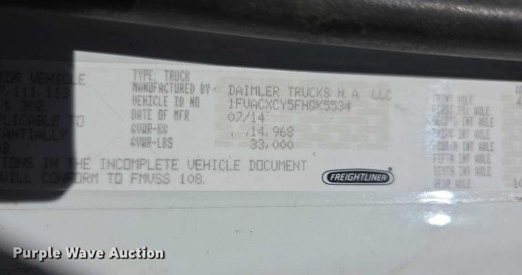 image for item FI0608 2015 Freightliner Business Class M2 refuse truck