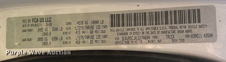 image for item IE9206 2020 RAM 2500HD Crew Cab truck cab and chassis