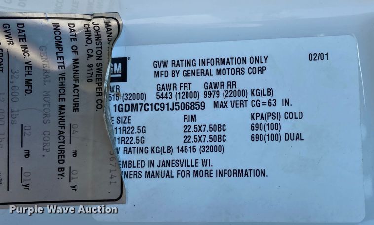 image for item JW9426 2001 GMC T7500 street sweeper truck