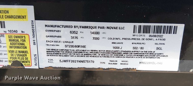 image for item NU9777 2022 Novae LLC equipment trailer