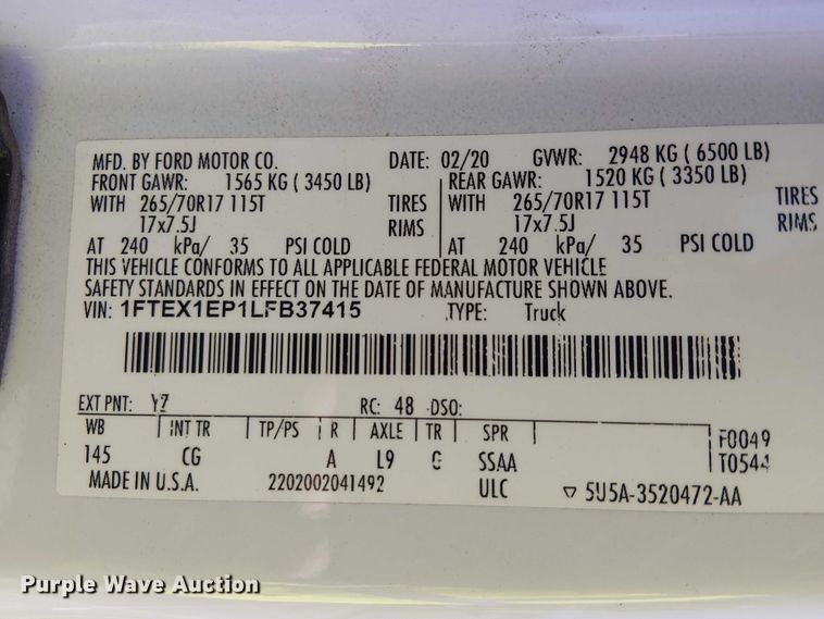 image for item YA1224 2020 Ford  F150 SuperCab pickup truck