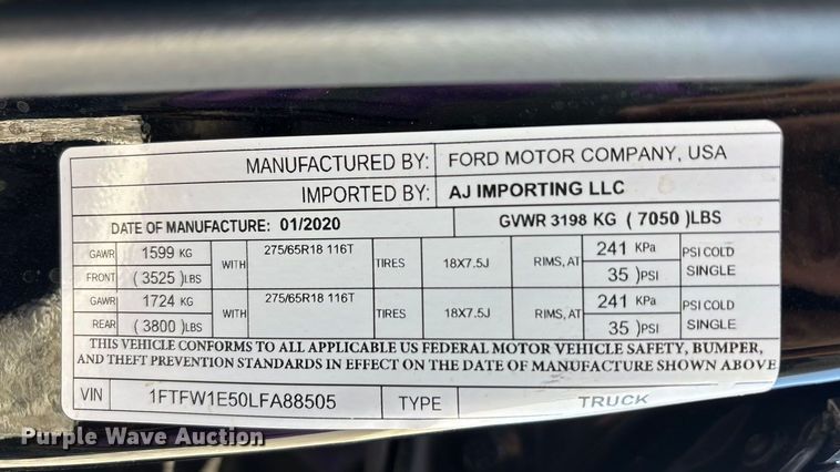 image for item YA1409 2020 Ford F150 SuperCrew pickup truck