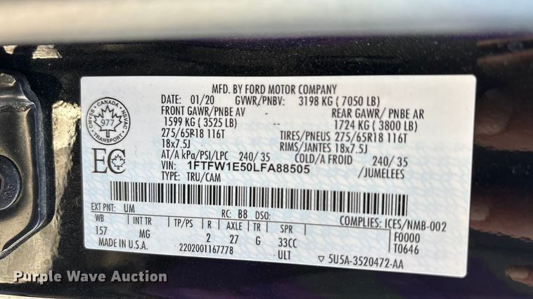 image for item YA1409 2020 Ford F150 SuperCrew pickup truck