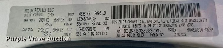 image for item DK0078 2019 RAM 2500 Crew Cab pickup truck