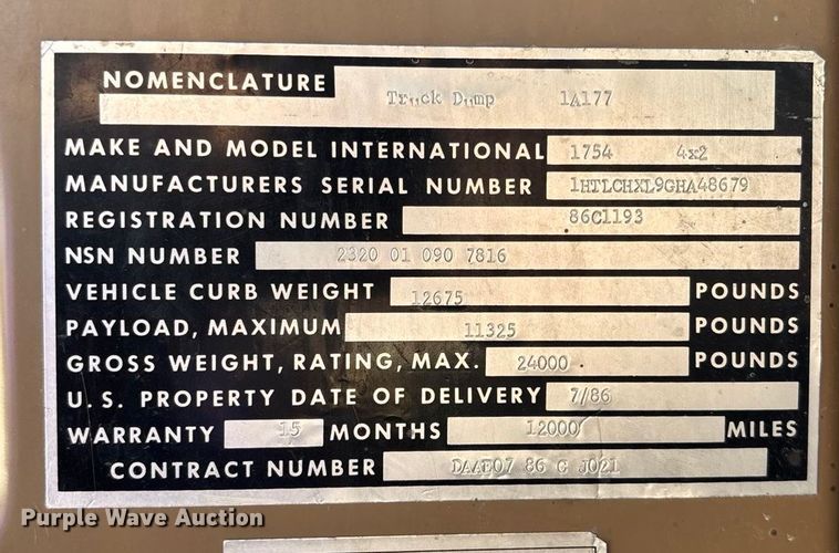 image for item DK0093 1986 International 1754 dump truck