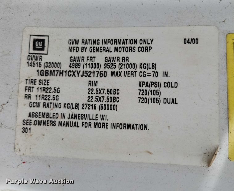 image for item DX6592 2000 Chevrolet  C7500 digger derrick truck