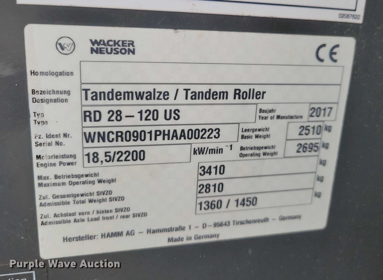 image for item DX6633 2017 Wacker Neuson RD 28 120 double drum vibratory roller