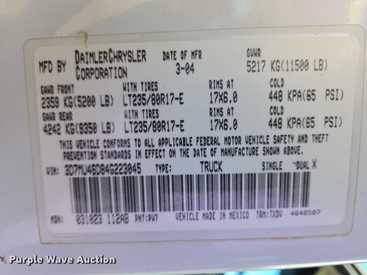 image for item DY1408 2004 Dodge Ram 3500 flatbed pickup truck