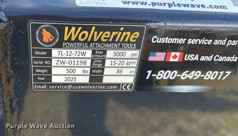 image for item DY8410 2025 Wolverine TL-12-72W skid steer tiller