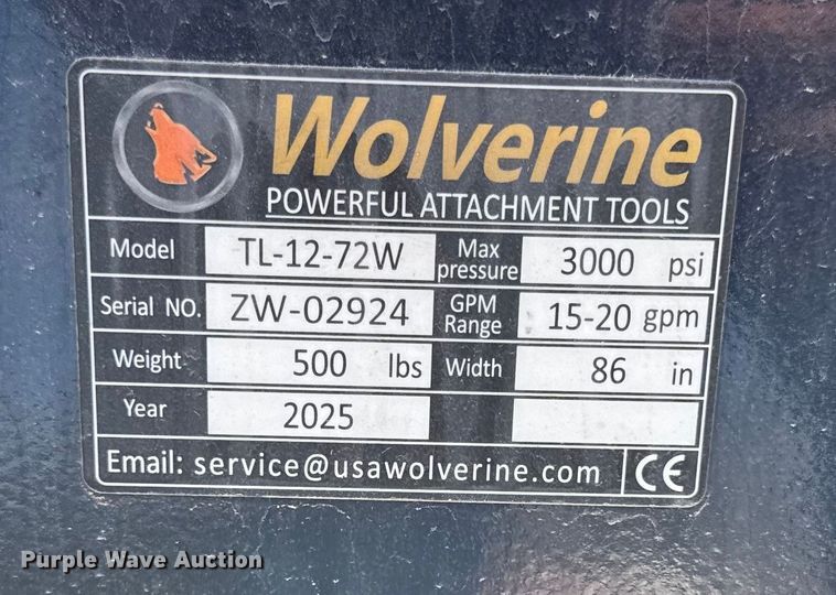 image for item DY8426 2025 Wolverine TL-12-72W skid steer tiller