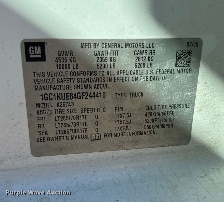 image for item EA1999 2016 Chevrolet Silverado 2500HD Crew Cab pickup truck