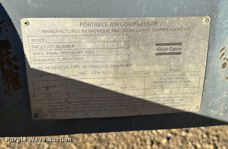 image for item EA2006 2011 Atlas copco XAS 375 JD6 air compressor