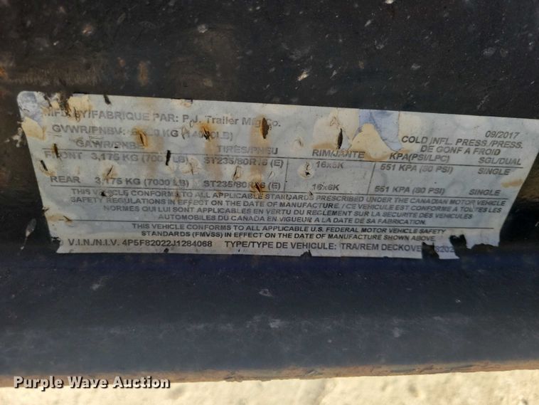 image for item EA2714 2018 PJ F8202 equipment trailer