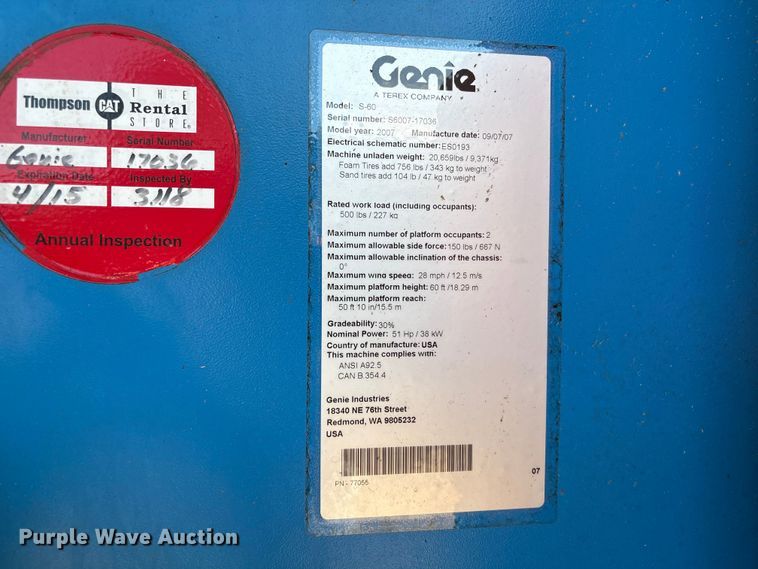 image for item EA7036 2007 Genie S-60 boom lift