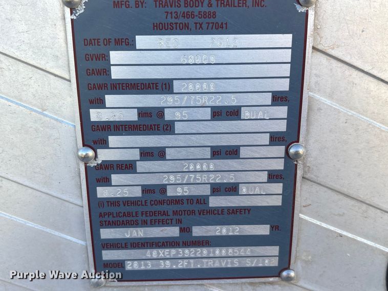 image for item EA7735 2013 Travis Body & Trailer, Inc. S/102 bottom dump trailer