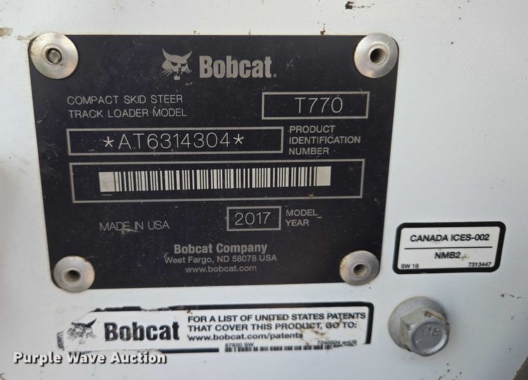 image for item EB1142 2017 Bobcat T770 tracked skid steer loader