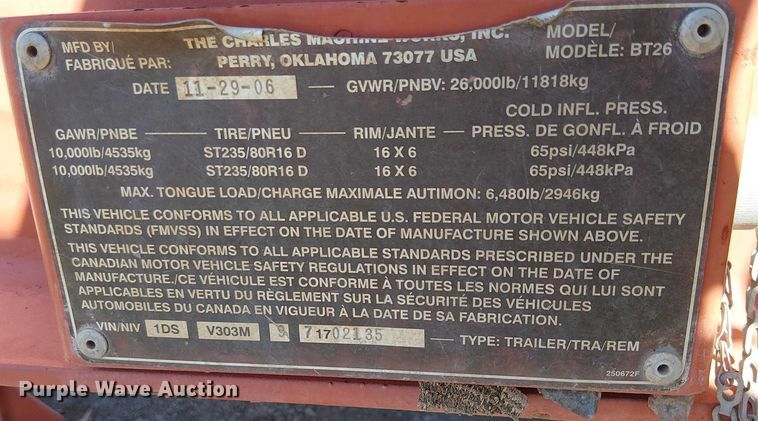 image for item EC1300 2007 Ditch Witch BT26 equipment trailer