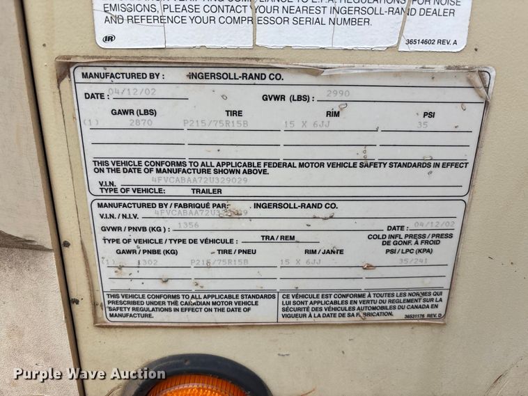 image for item EE4272 2002 Ingersoll Rand 185 air compressor