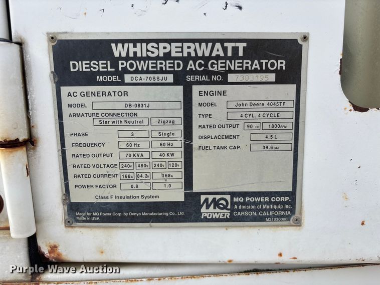 image for item EE4296 Whisperwatt DCA70SSJU generator