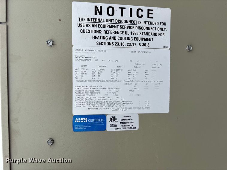 image for item EE4357 Marvair AVPA608CA100MU–100 air conditioning unit