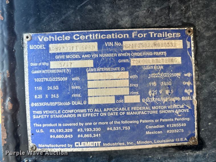 image for item EF6130 2018 Clement AWS2837FT SPRD end dump trailer