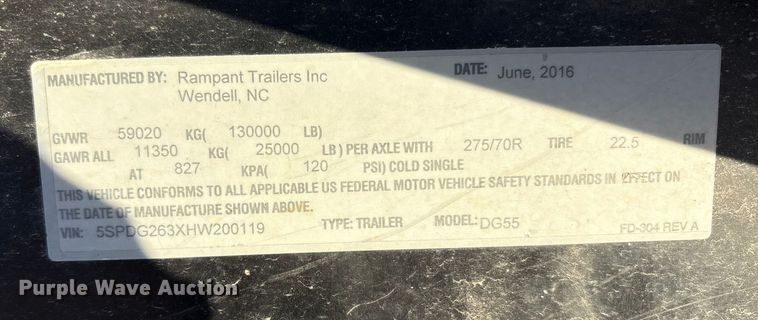 image for item EF6134 2017 Rampant Trailers lowboy equipment trailer