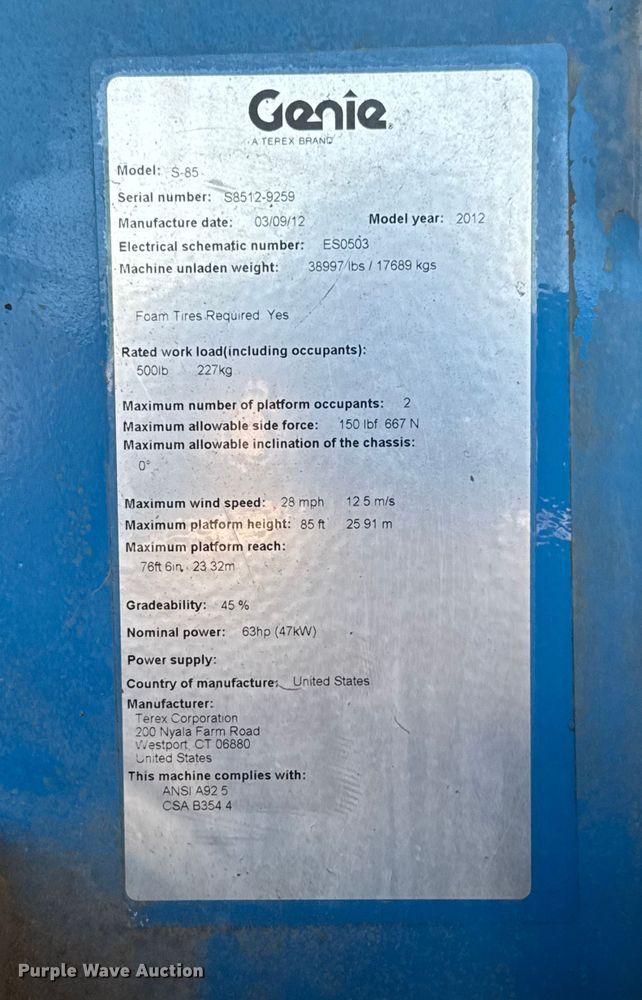 image for item EM8475 2012 Genie S85 boom lift