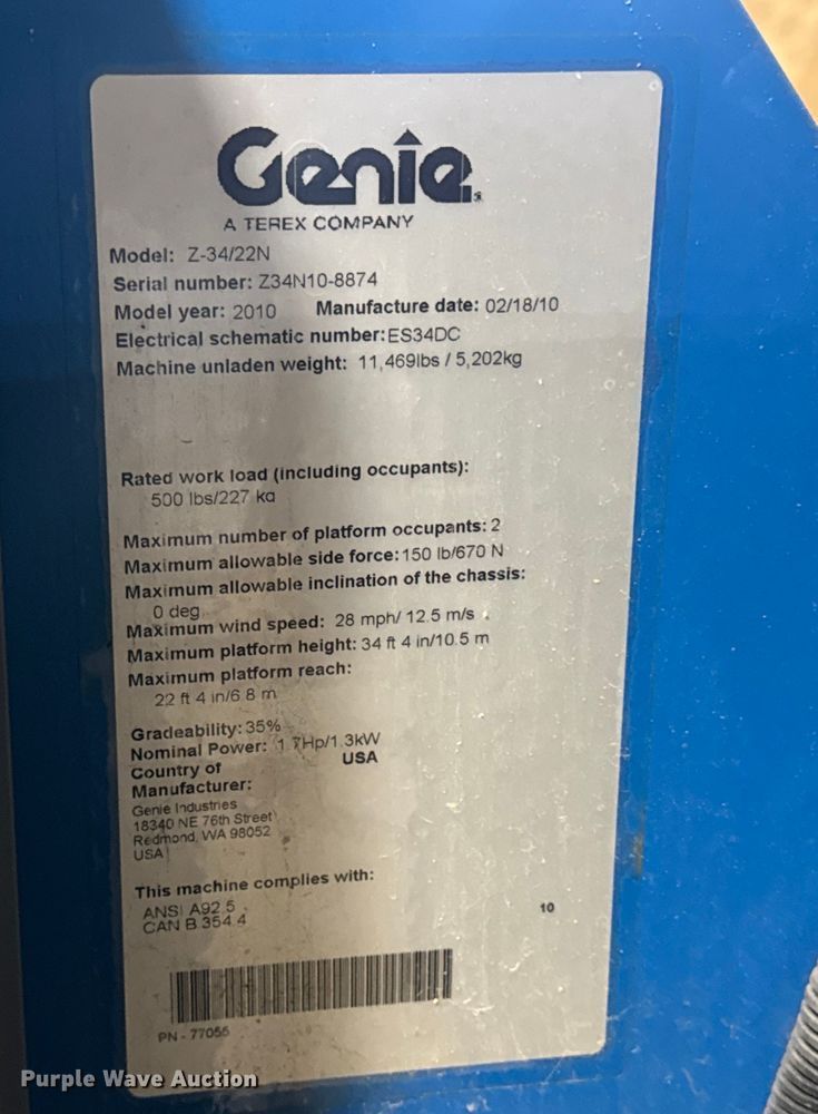 image for item EN0647 2010 Genie Z-34/22N boom lift