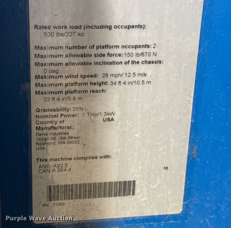 image for item EN0647 2010 Genie Z-34/22N boom lift