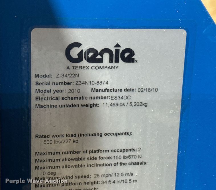 image for item EN0647 2010 Genie Z-34/22N boom lift