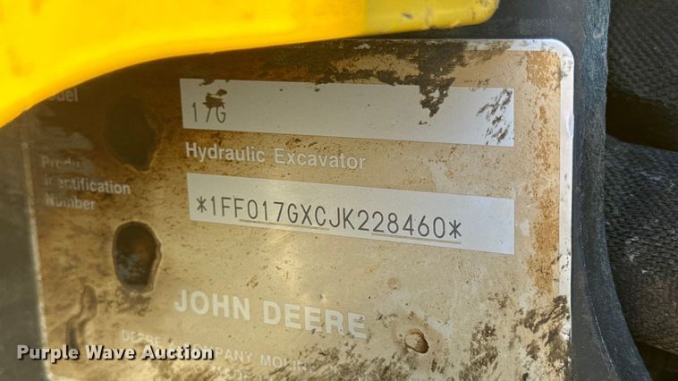 image for item EN0654 2019 John Deere 17G mini excavator